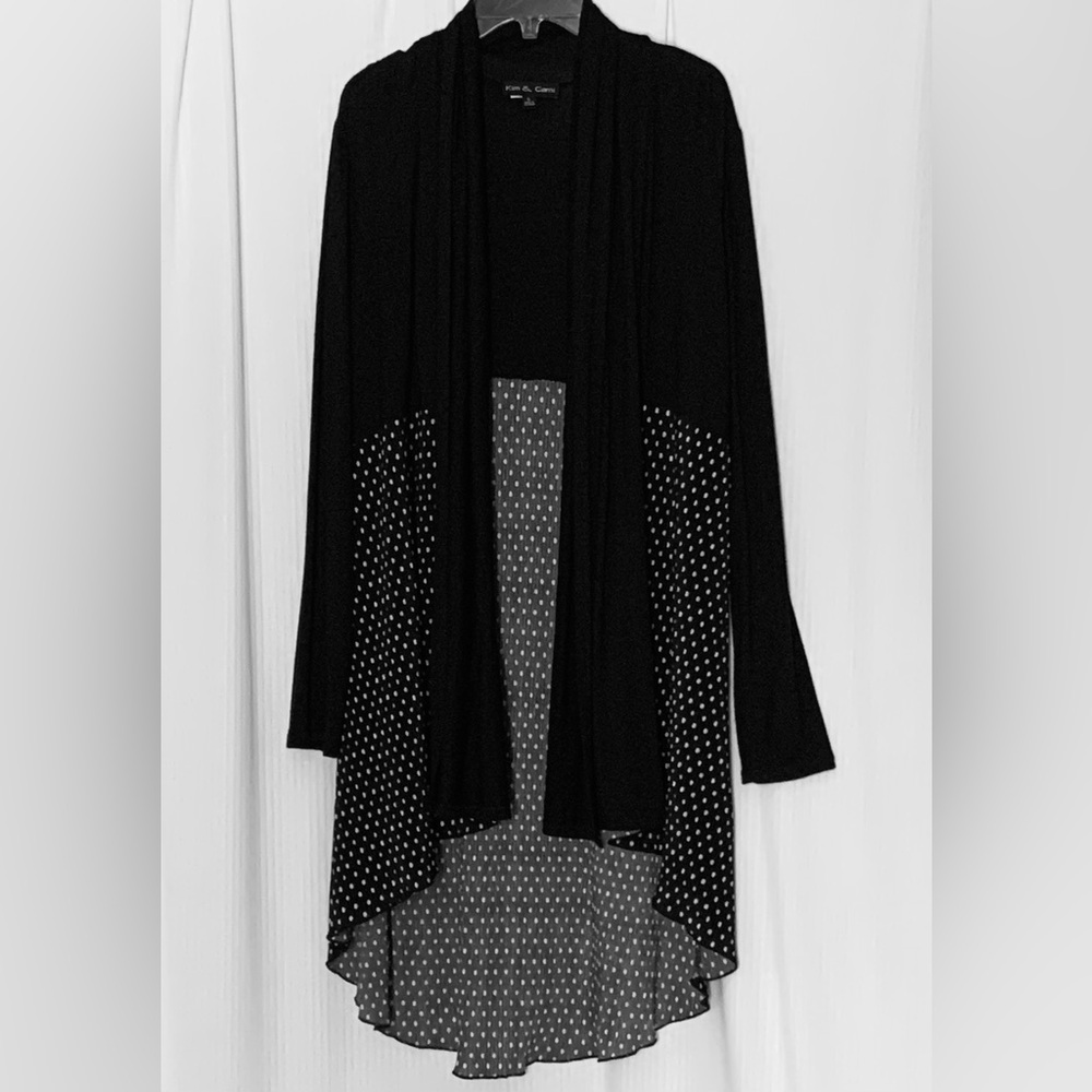 Kim & Cami Open Front Cardigan Draped Collar Black with Pleated Bottom Large
